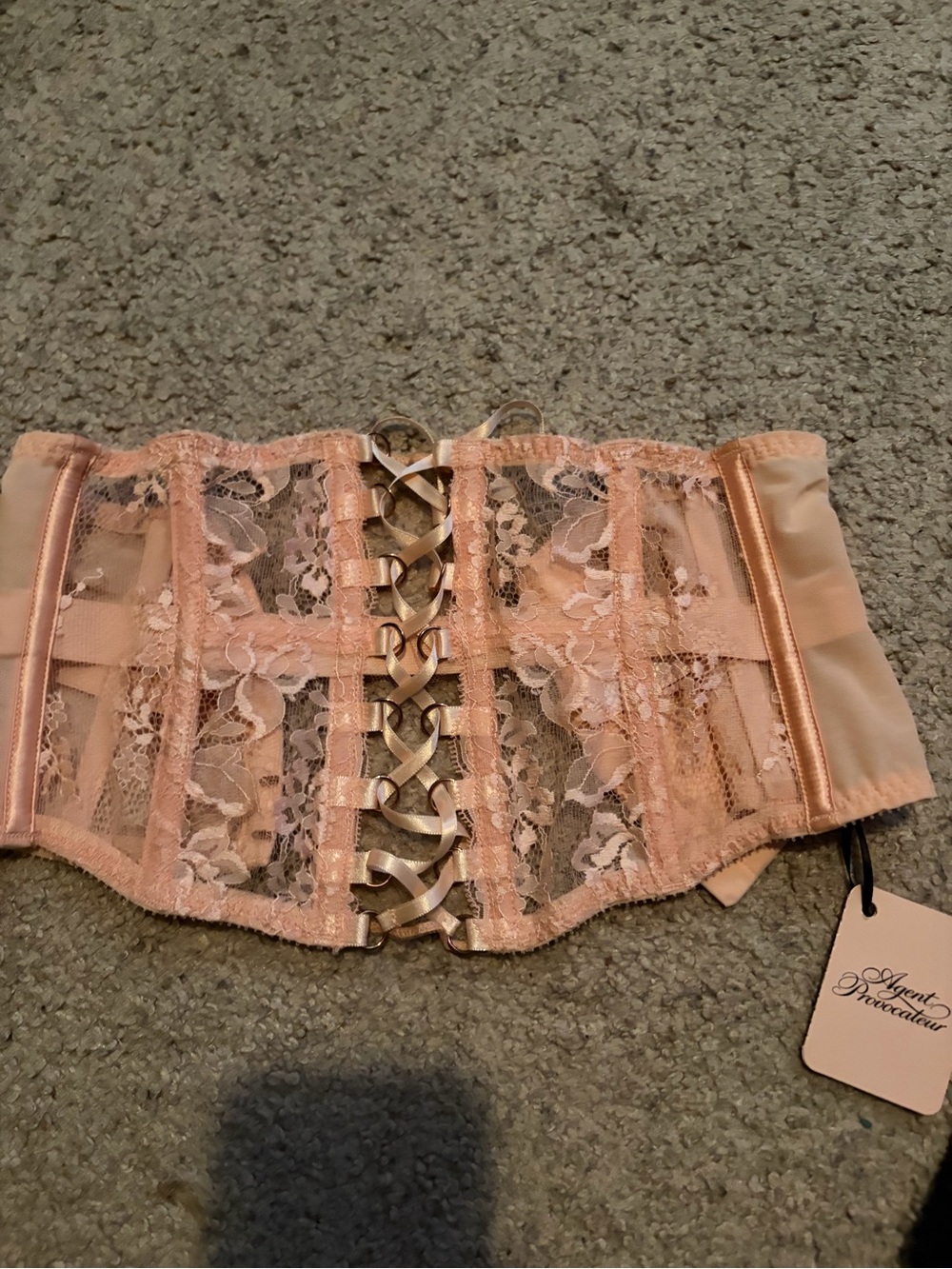 Agent Provocateur Peach Lace Corset Belt with Satin Ribbon Lacing
